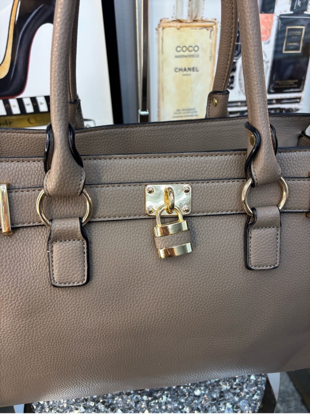 Structured Taupe Satchel with Gold Lock Detail - Picture 2 of 9